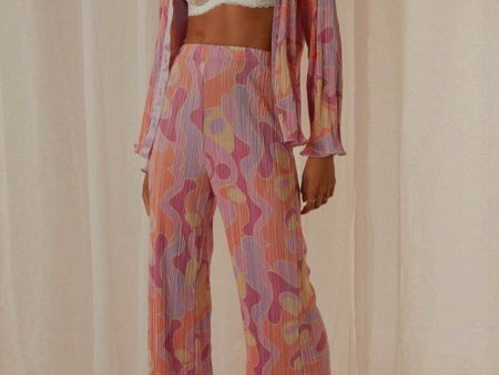 Printed Collared Neck Long Sleeve Top and Pants Lounge Set For Sale