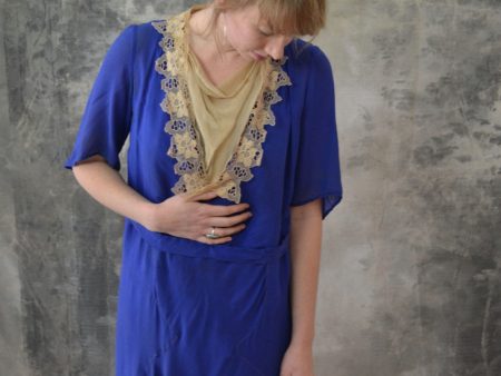 1920s Blue Silk Dress Lace Colla Supply