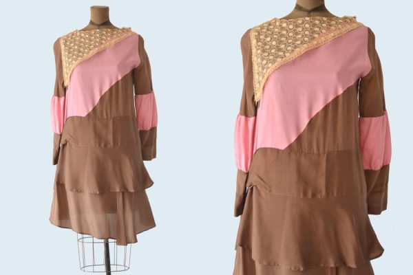 1920s Pink and Brown Silk Flapper Dress size S For Cheap