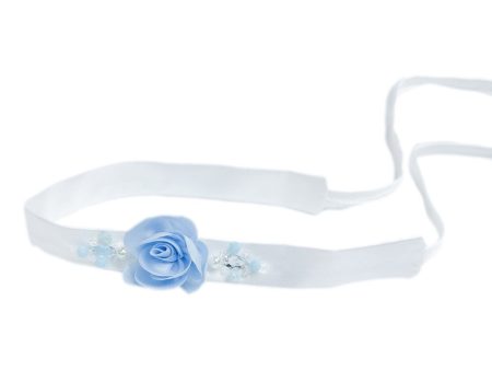 Daphne White Satin Hair Sash with Blue Embroidery Discount