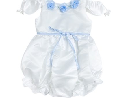 Daphne White Satin Romper with Blue Embroidery Discount