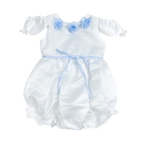 Daphne White Satin Romper with Blue Embroidery Discount