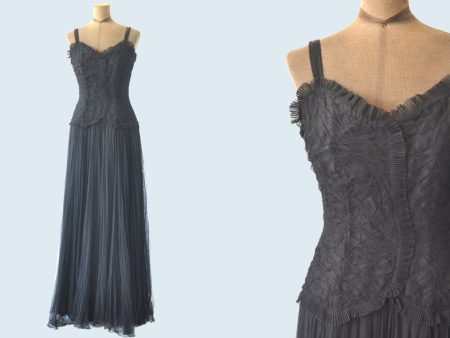 1940s long black netted tulle dress For Sale