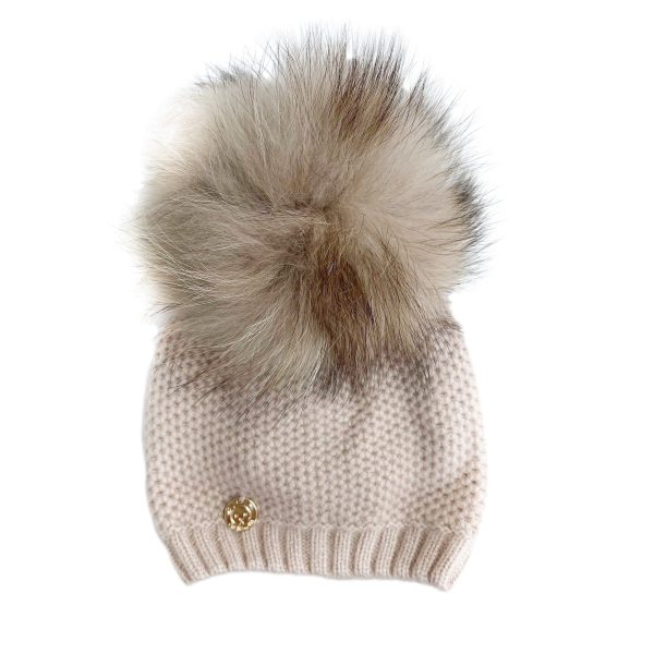 Honeycomb Beige Cashmere Beanie with Beige Pom Online Hot Sale