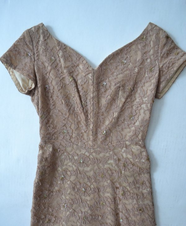 1950s Taupe Lace Cocktail Dress Online Sale