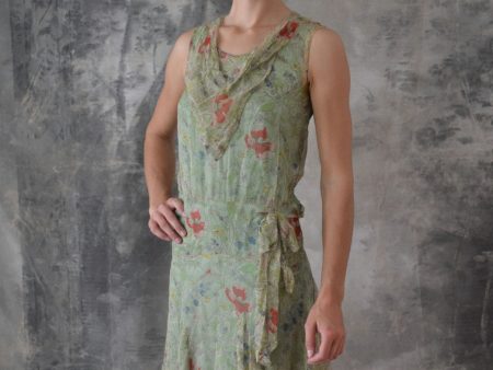 1920s Flapper Dress pale Green Poppy Floral For Discount