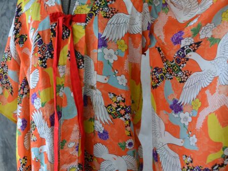 1960s Orange Silk Dove Print Kimono Fashion