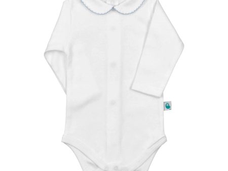 White Bodysuit Long Sleeve Onesie with Baby Blue Stitch Collar on Sale