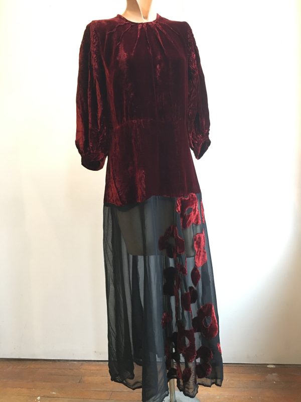 1930s Burgundy and Black Silk Velvet Gown w Floral Appliqué Hot on Sale