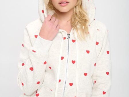 Heart Print Zip Up Hoodie Discount