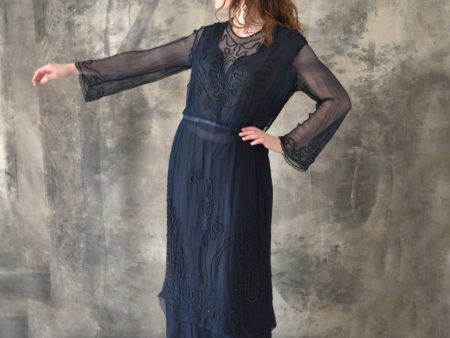 1920s Navy Silk Beaded Flapper Dress Discount