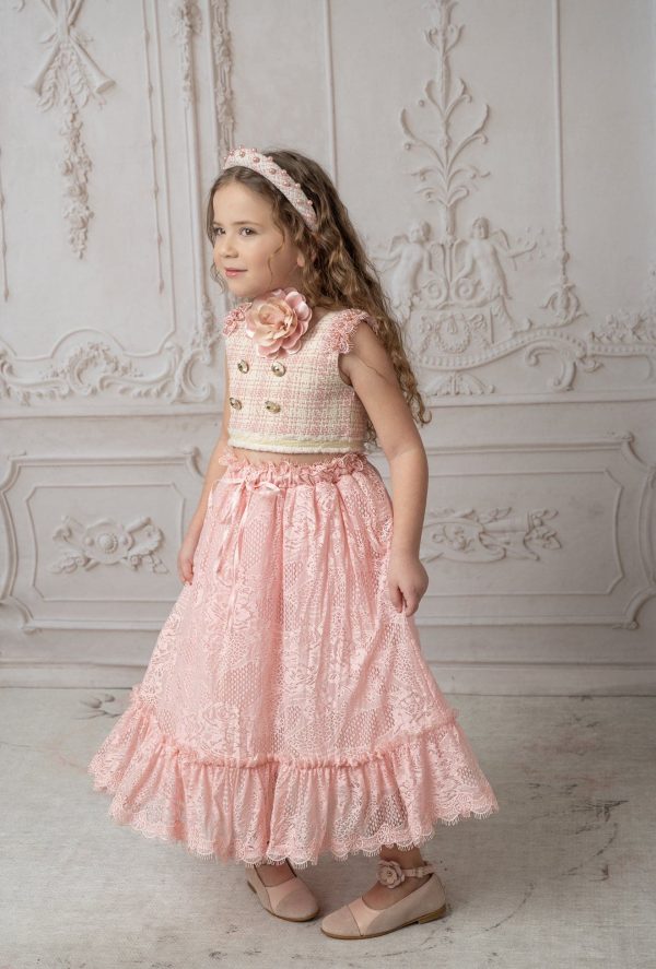 Molly Pink Tweed Top and Lace Skirt Set For Sale