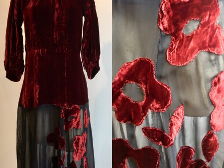 1930s Burgundy and Black Silk Velvet Gown w Floral Appliqué Hot on Sale