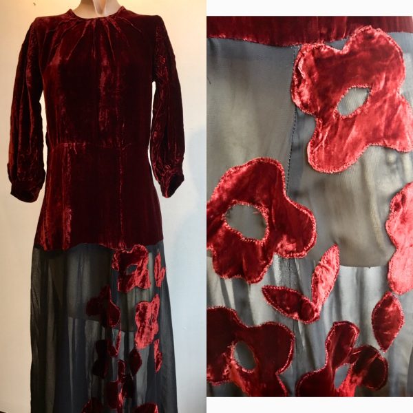 1930s Burgundy and Black Silk Velvet Gown w Floral Appliqué Hot on Sale