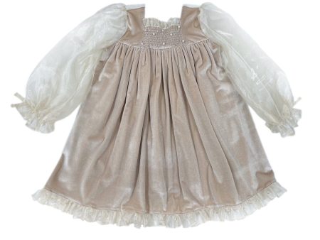 Helena Velour Beige Dress With Organza Sleeves Hot on Sale