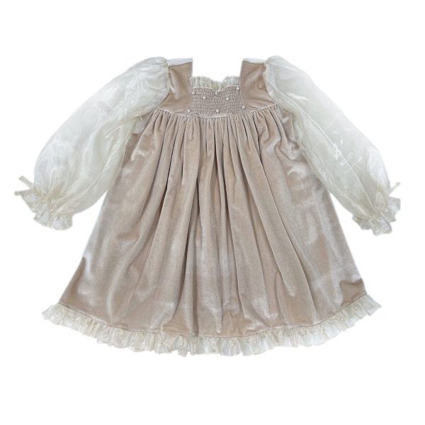 Helena Velour Beige Dress With Organza Sleeves Hot on Sale