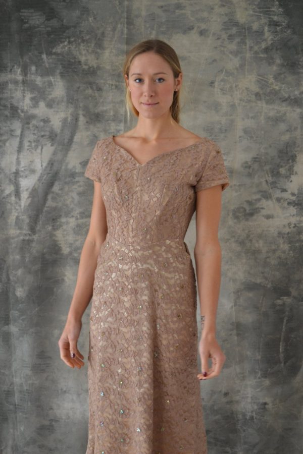 1950s Taupe Lace Cocktail Dress Online Sale