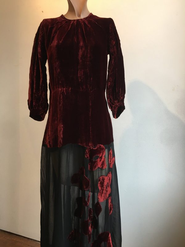 1930s Burgundy and Black Silk Velvet Gown w Floral Appliqué Hot on Sale