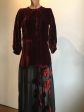 1930s Burgundy and Black Silk Velvet Gown w Floral Appliqué Hot on Sale