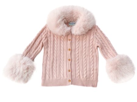 Pink Cableknit Faux Fur Cotton Cardigan For Sale