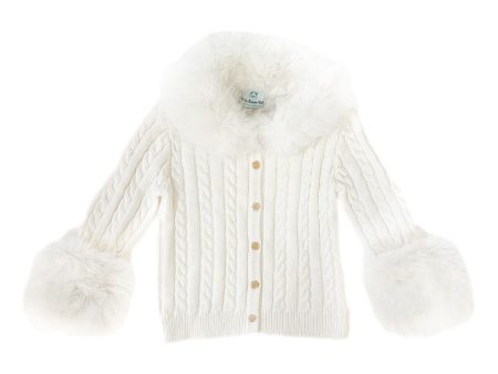 White Cableknit Faux Fur Cotton Cardigan Online