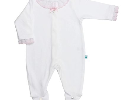 Baby White Cotton Babygrow with Pink Swiss Dot Ruffle Collar Online Sale