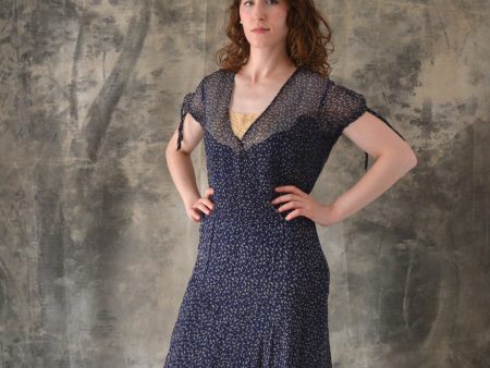 1920s   1930s Navy Sheer Silk Print Dress For Cheap