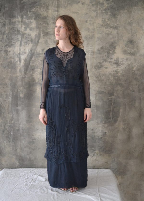 1920s Navy Silk Beaded Flapper Dress Discount