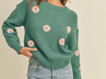 Floral Embroidered Teal Sweater For Cheap