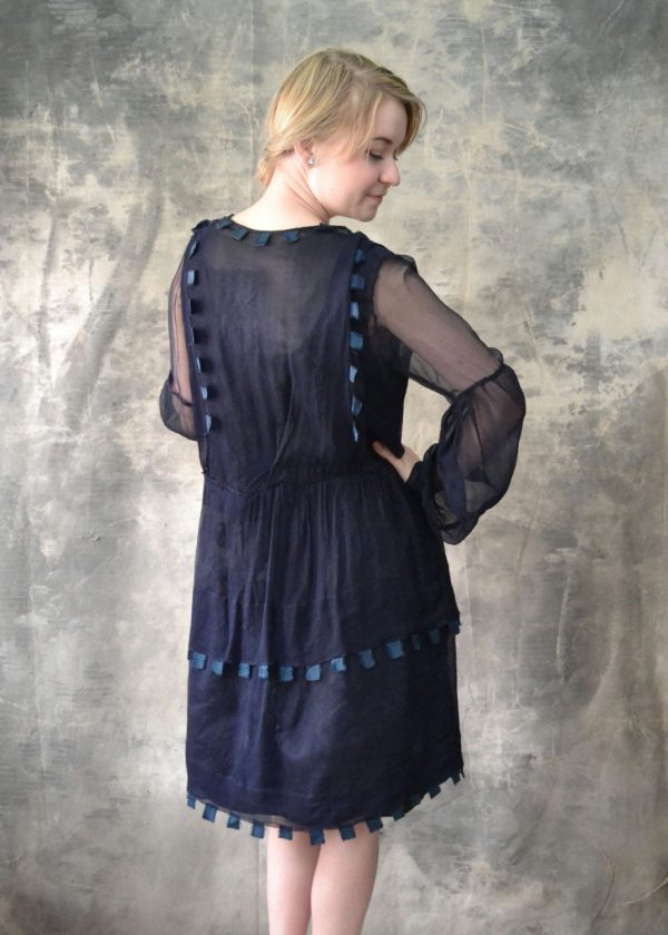 1920s Sheer Navy Silk Flapper Dress Sale