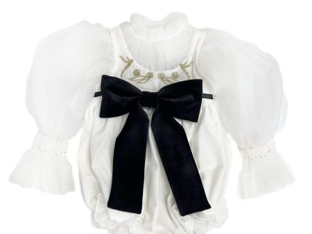 Aurora Ivory Velour Romper with Tulle Puff Sleeves Fashion