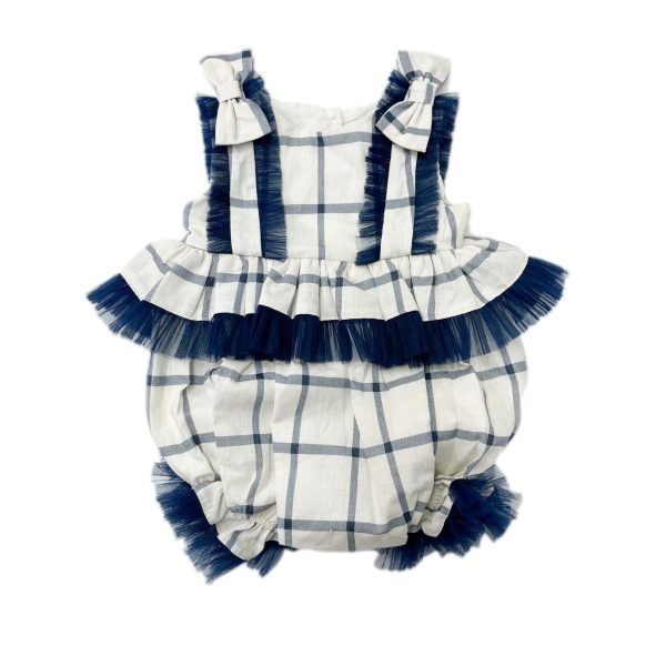 Checkered Linen Ruffle Romper For Sale