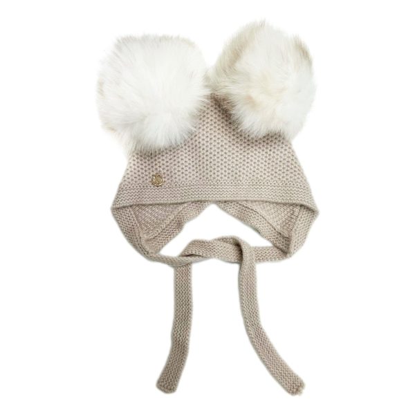 Honeycomb Beige Cashmere Bonnet with White Print Poms Online Sale