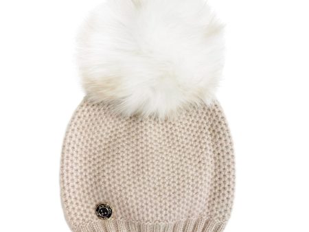 Honeycomb Beige Cashmere Beanie with White Print Pom Supply