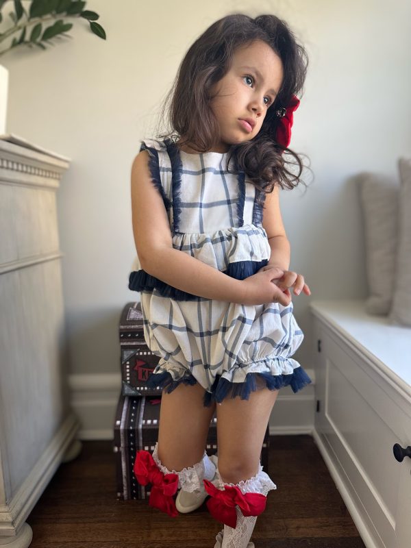 Checkered Linen Ruffle Romper For Sale