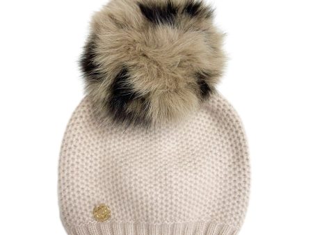 Honeycomb Beige Cashmere Beanie with Animal Print Poms For Cheap